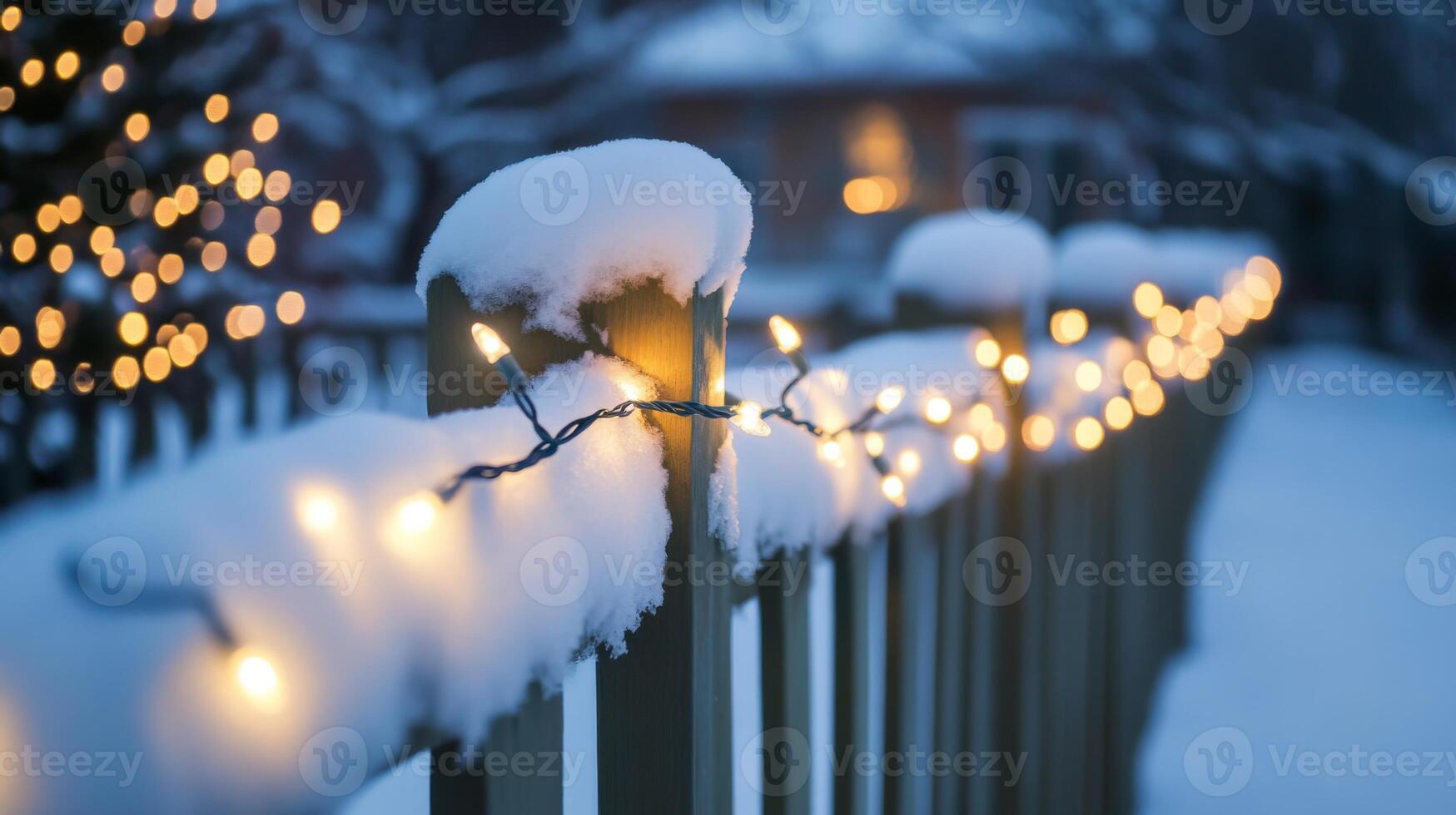 String of lights draped over a snowy fence at dusk photo