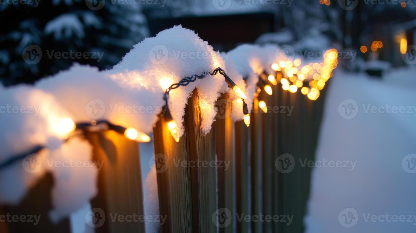 Snow-Covered Fence Adorned with Warm String Lights photo