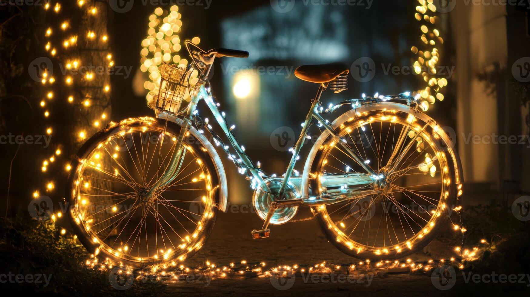 A Bicycle Adorned with String Lights in a Nighttime Setting photo