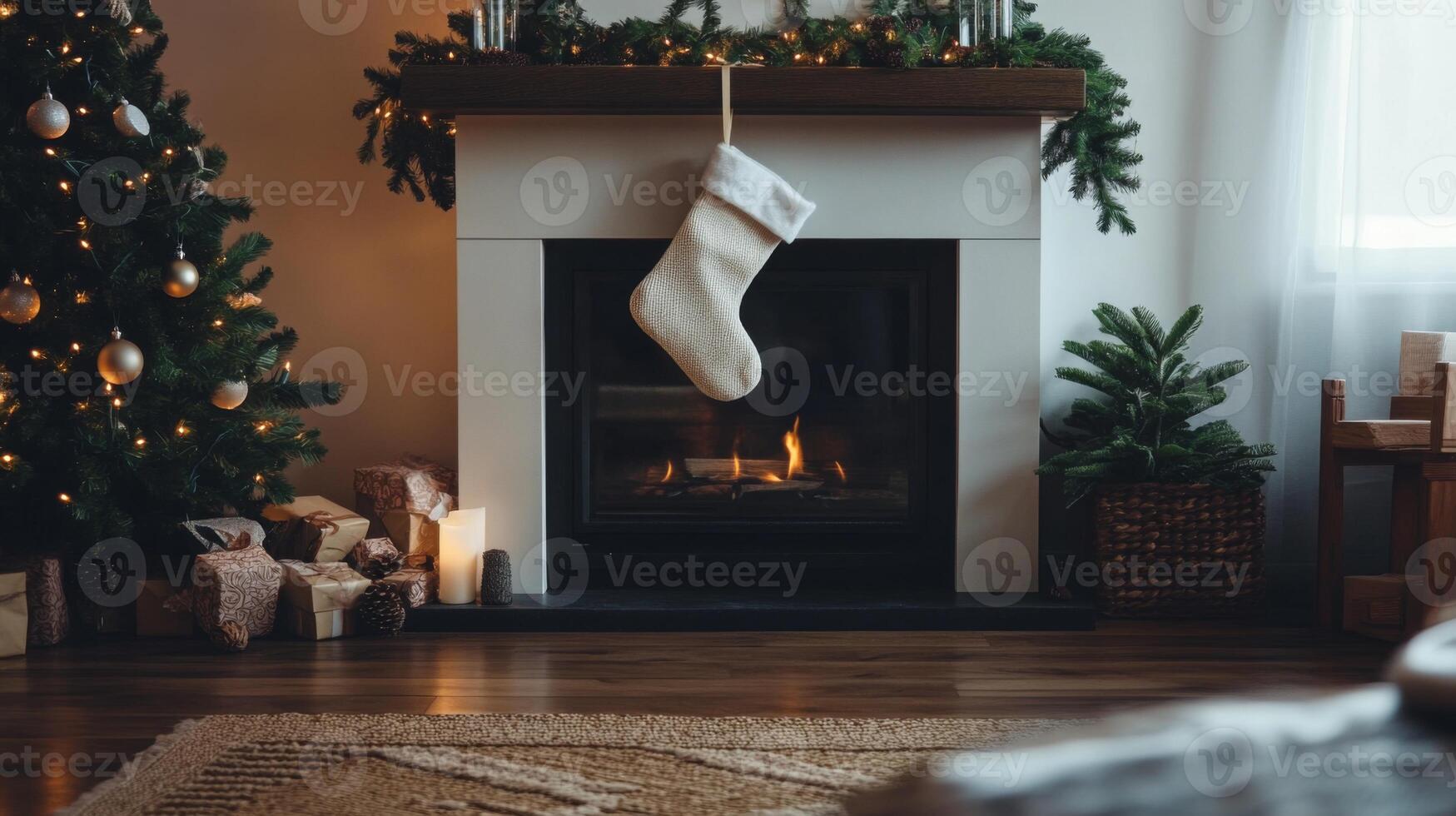 Cozy Christmas Fireplace with Stocking and Decorated Tree photo