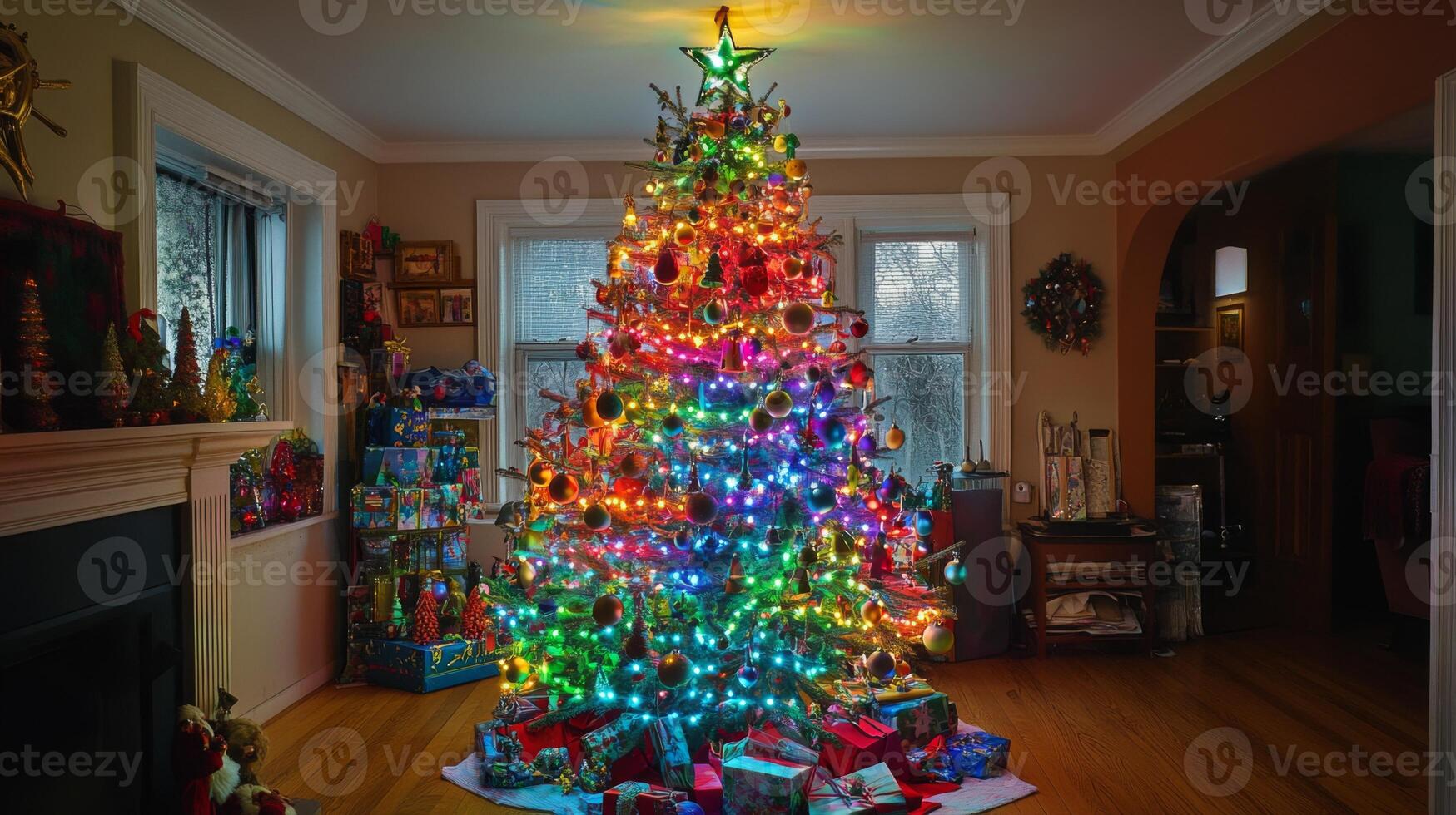 Decorated Christmas Tree with Rainbow Lights and Presents photo