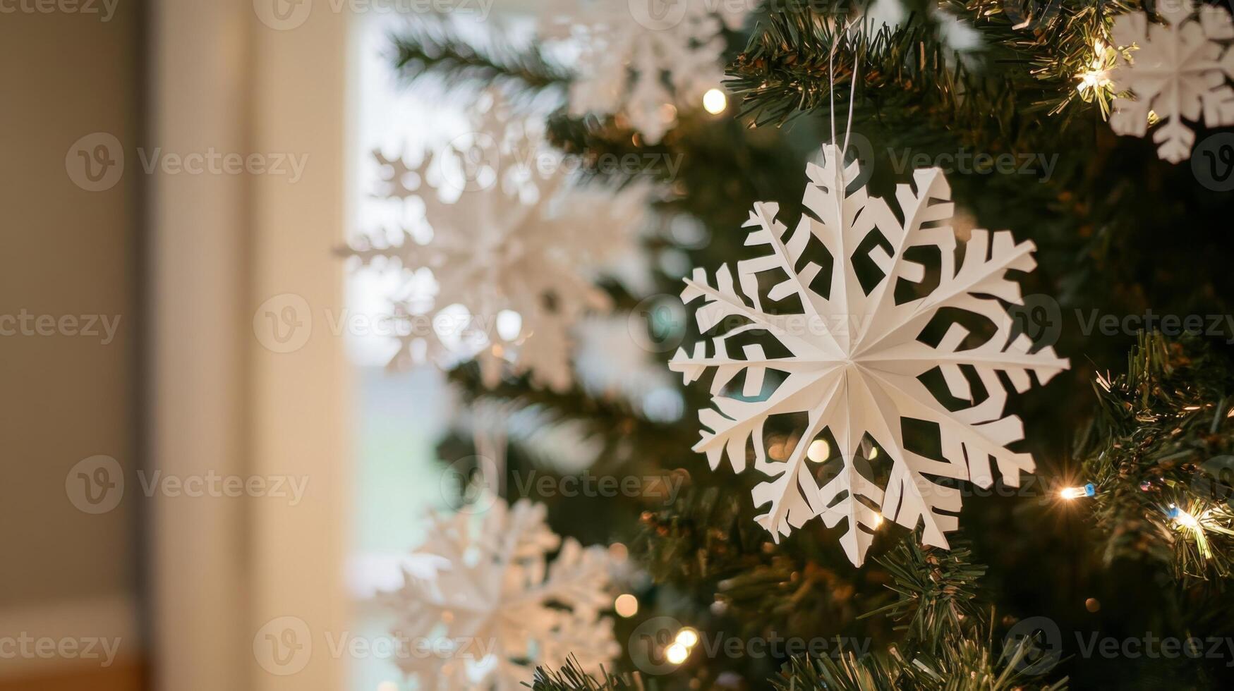 Paper Snowflake Ornament Hanging on a Christmas Tree photo