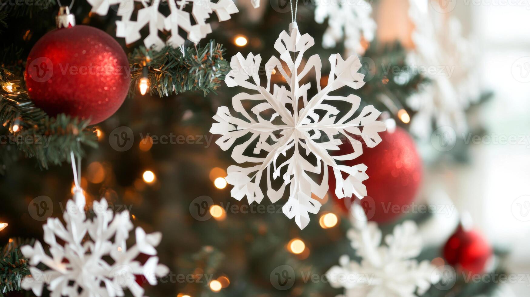 White Paper Snowflake Ornament Hanging on Christmas Tree photo
