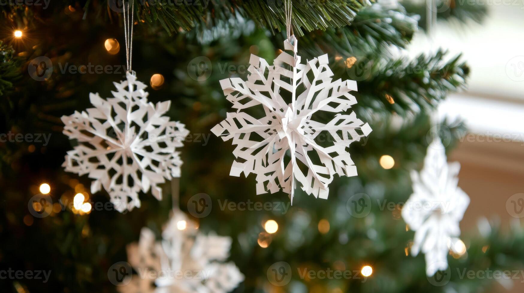 Paper Snowflake Ornaments Hanging on a Christmas Tree photo