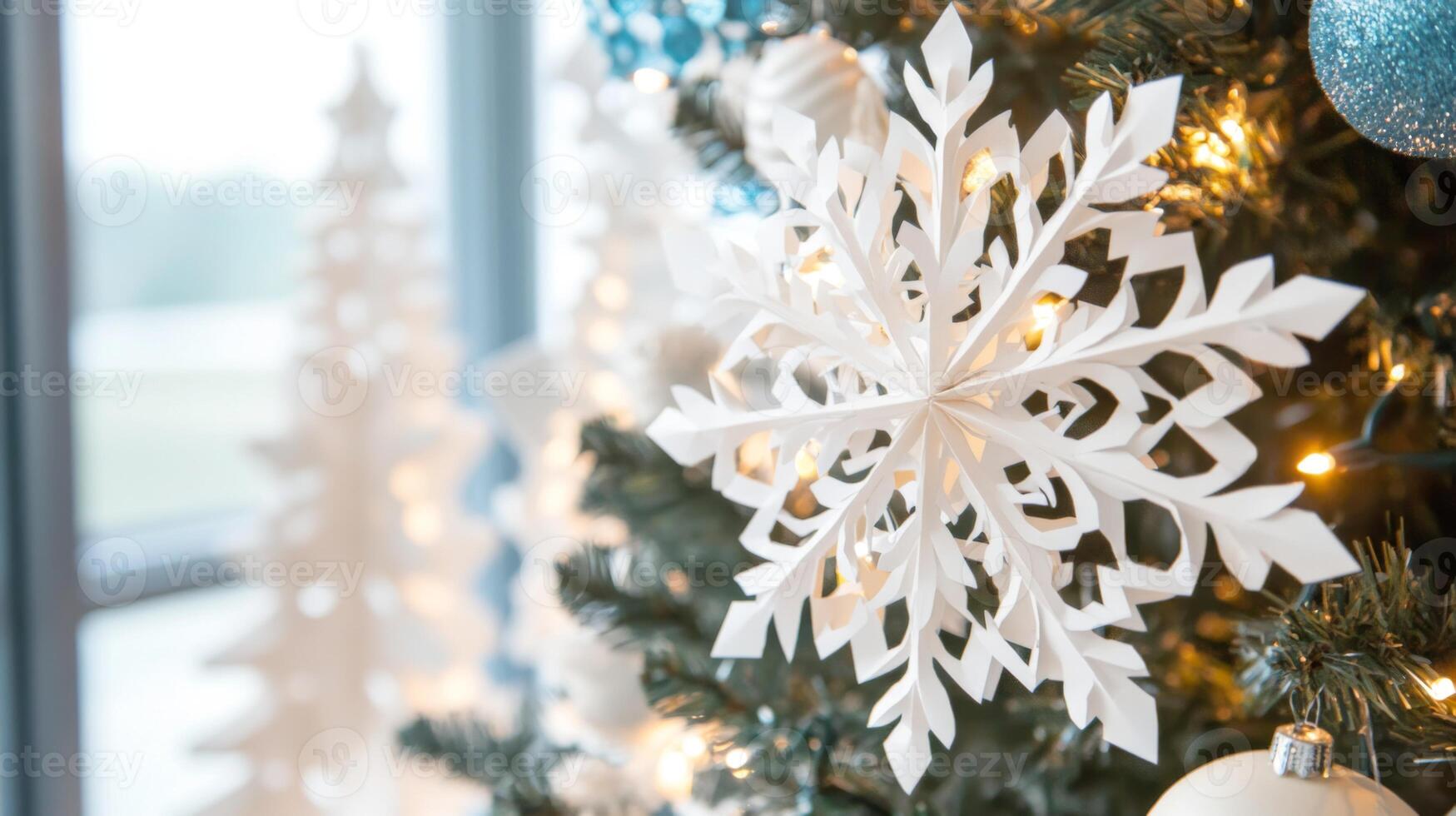 Close-Up of a White Paper Snowflake Ornament on a Christmas Tree photo