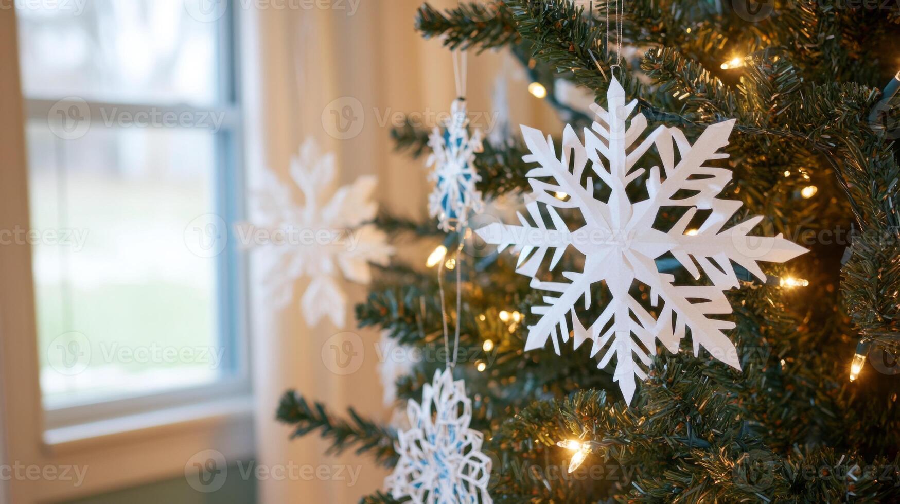 Close-up of a large white snowflake ornament hanging on a decorated Christmas tree photo
