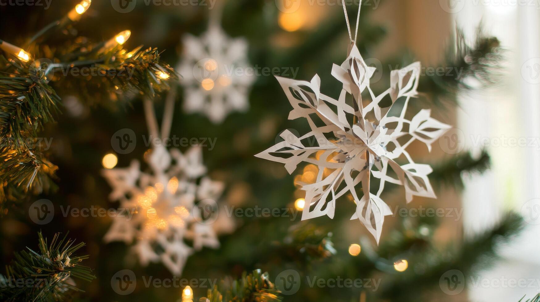 Paper Snowflake Ornament Hanging on a Christmas Tree photo