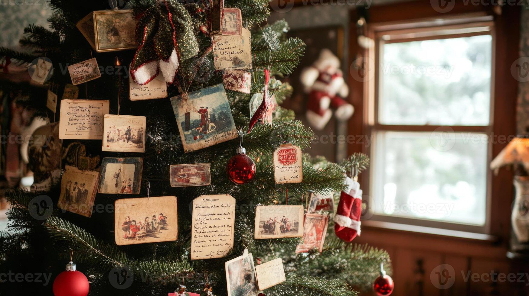 Vintage Christmas Tree Decorated with Old Photos and Handwritten Notes