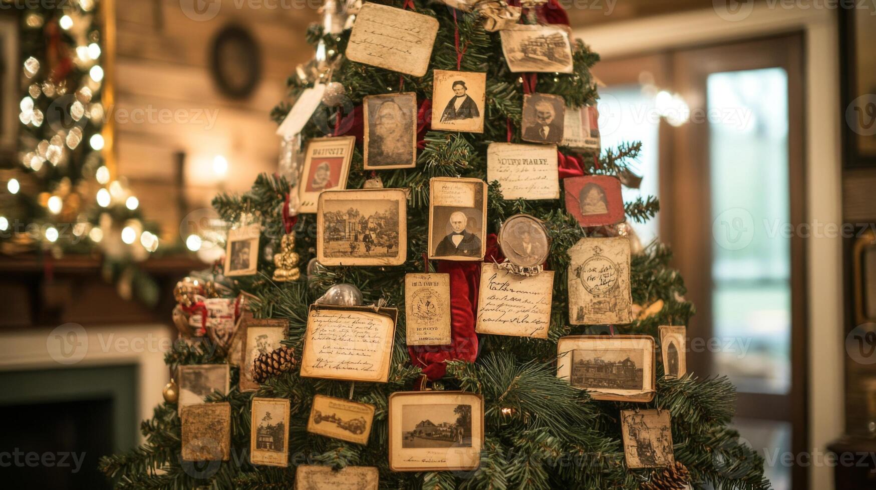 A Christmas Tree Adorned with Vintage Photos and Ornaments