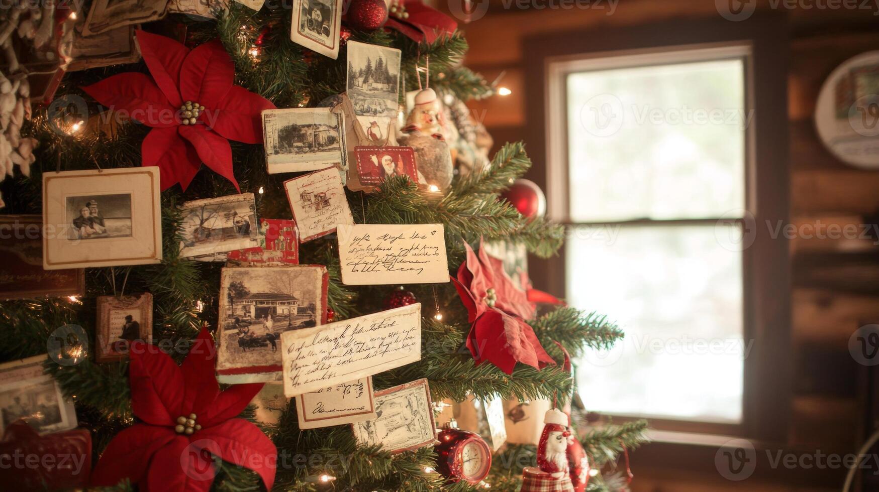 A Vintage Christmas Tree Adorned with Old Photos and Handwritten Notes