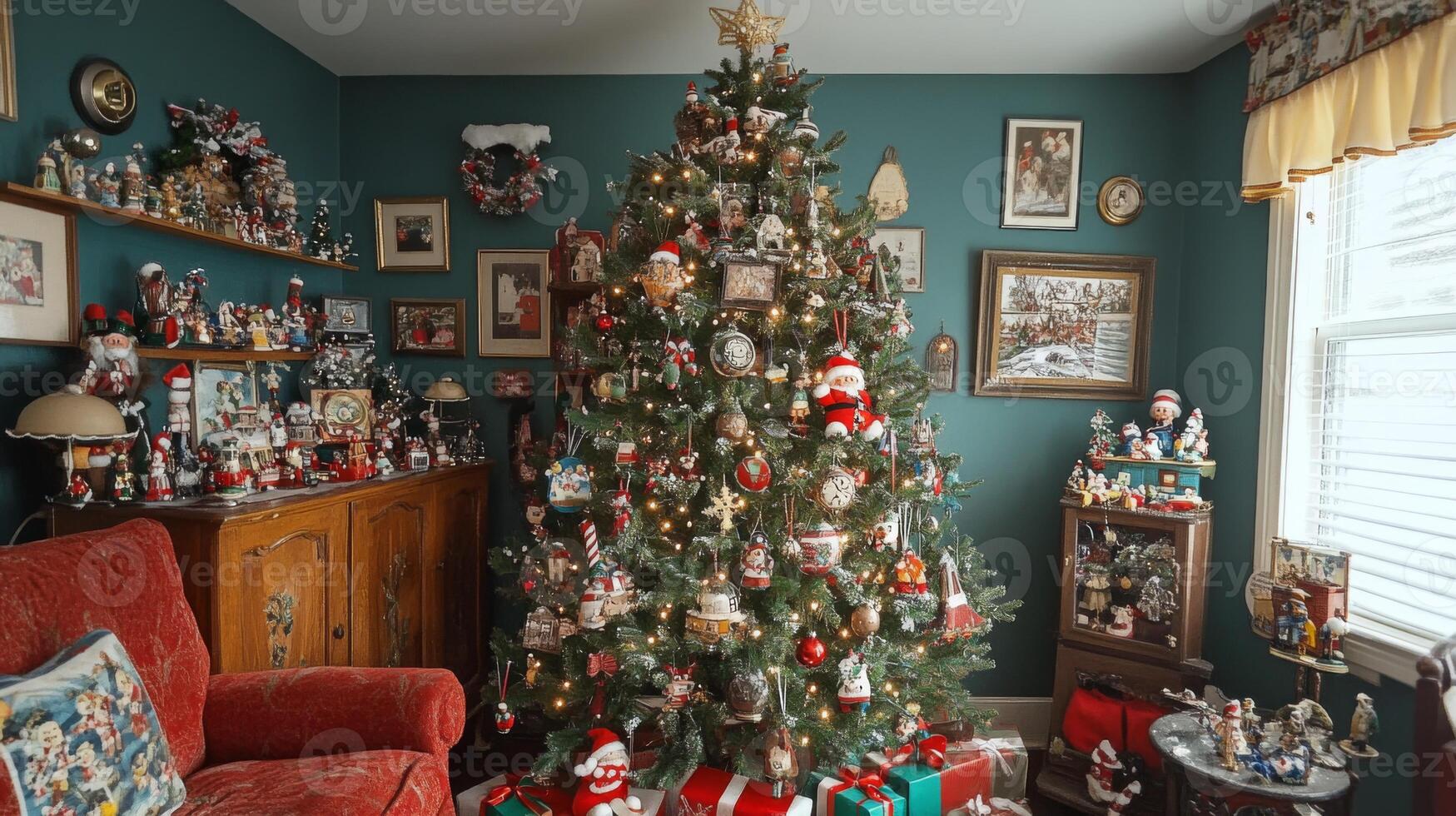 A Christmas Tree Adorned with Ornaments and Decorated with Lights in a Teal Room photo