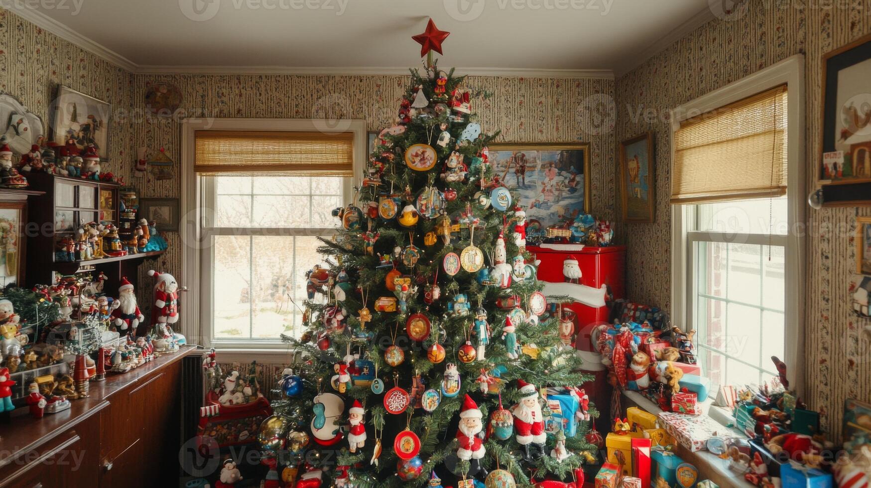 A Christmas Tree Adorned with Vintage Ornaments in a Room with Retro Decor photo