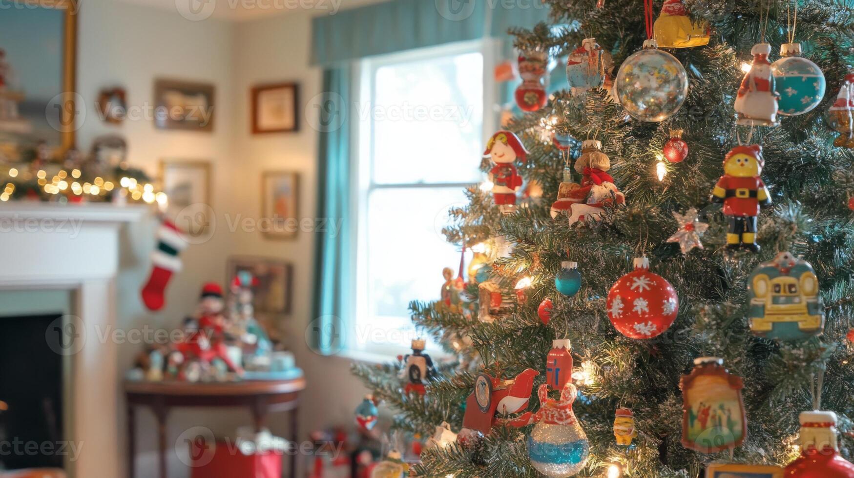 Close-up of a Christmas Tree Adorned with Vintage Ornaments and Lights photo