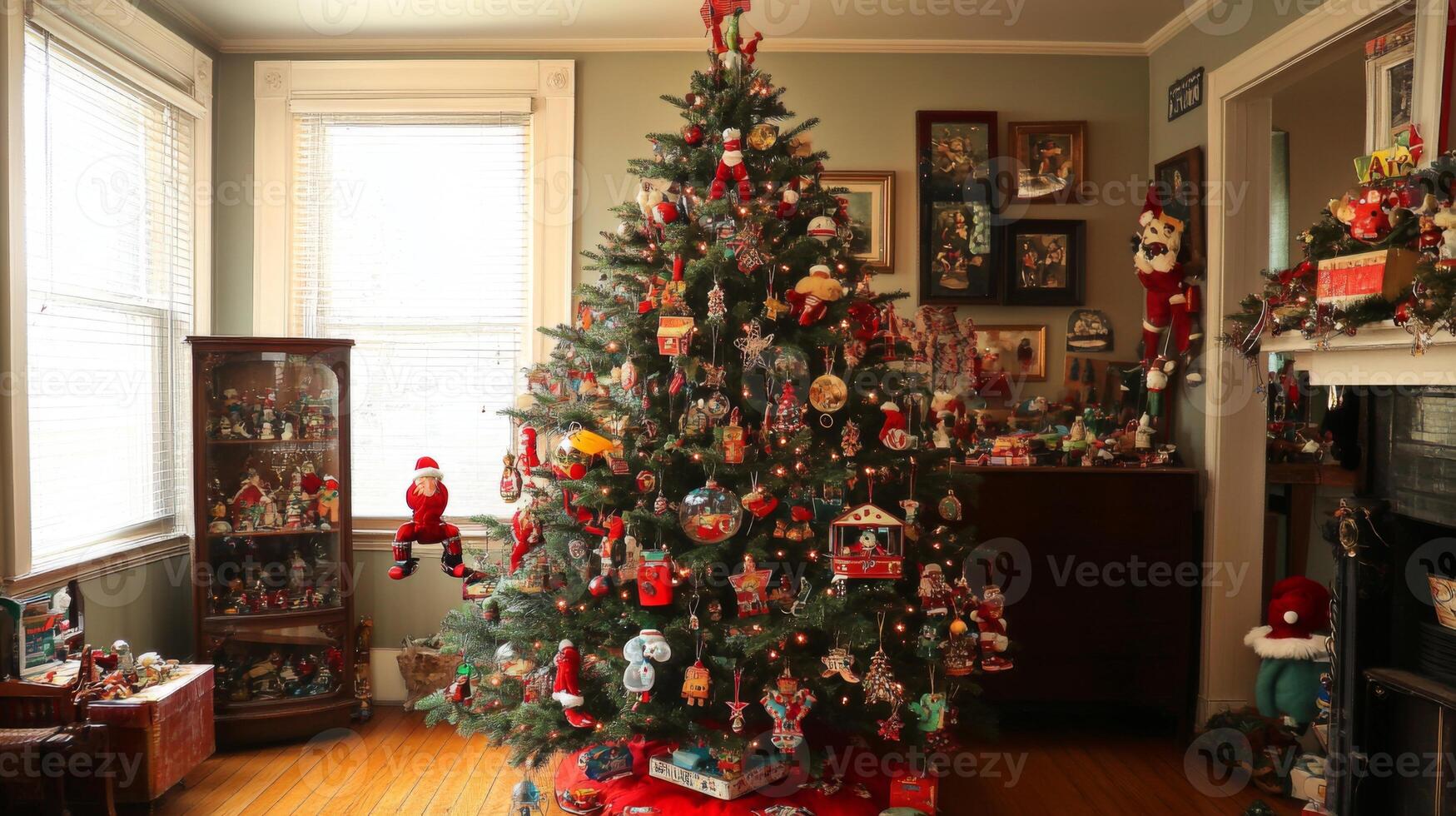 A Christmas Tree Adorned with Vintage Ornaments and Decorations photo
