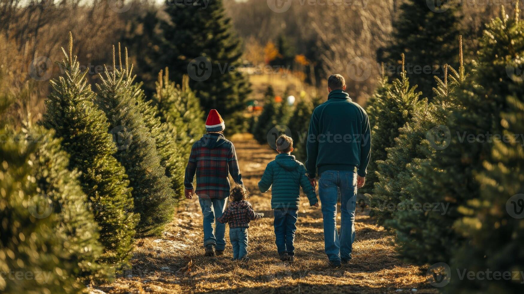 Family Walking Through a Christmas Tree Farm photo