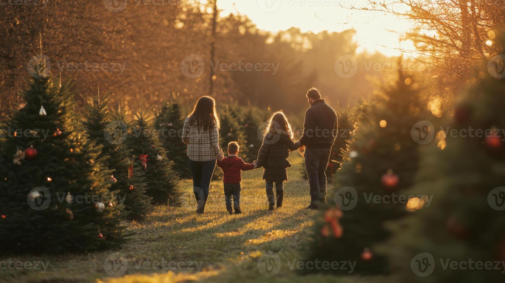 Family Walking Through a Christmas Tree Farm at Sunset photo