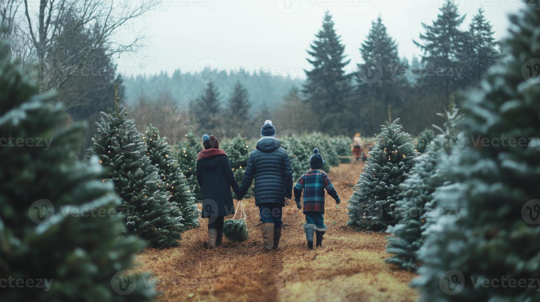 Family walking through a Christmas tree farm, carrying a freshly cut tree photo