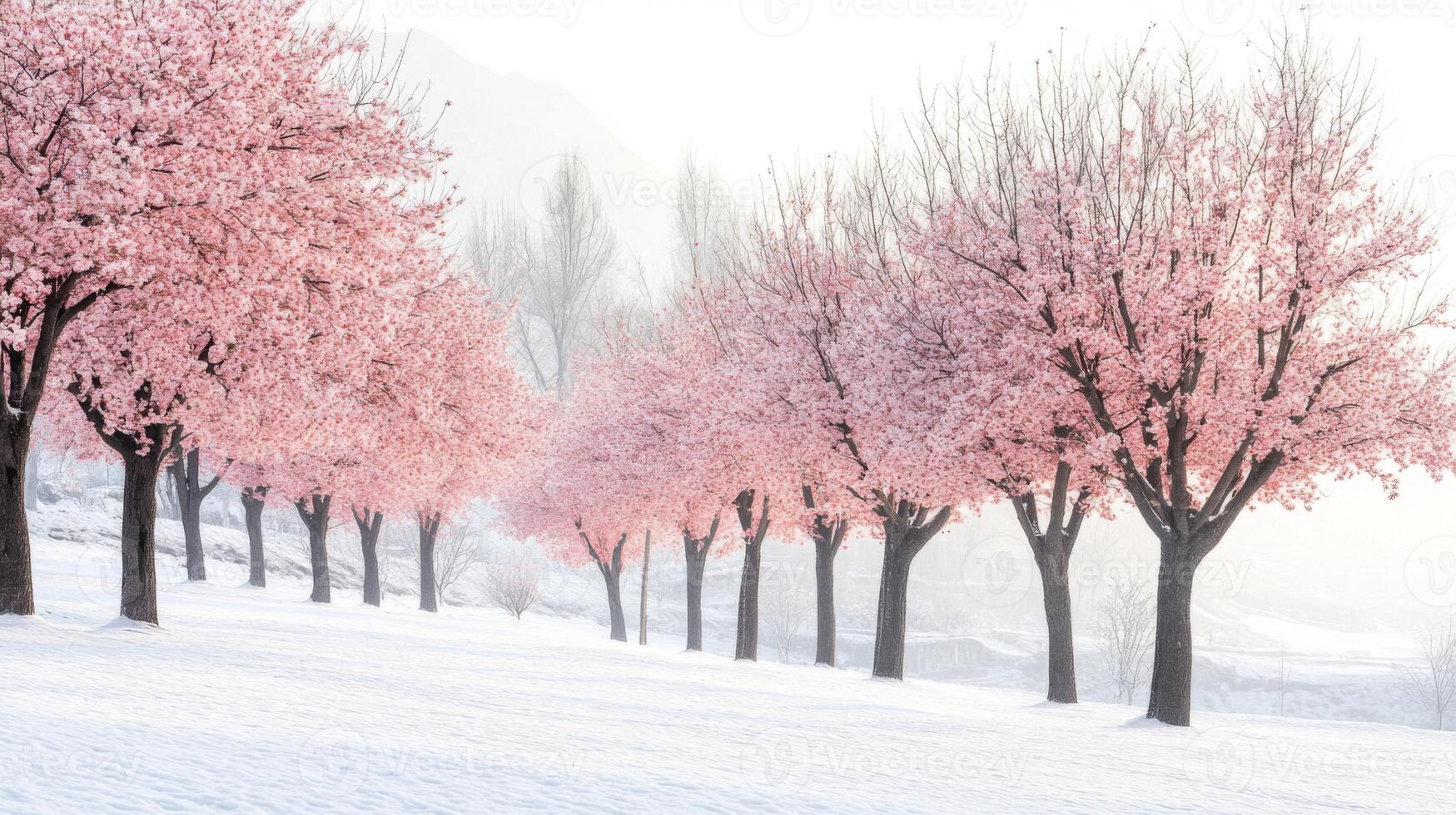 A Row of Pink-Blossomed Trees in a Snowy Landscape photo