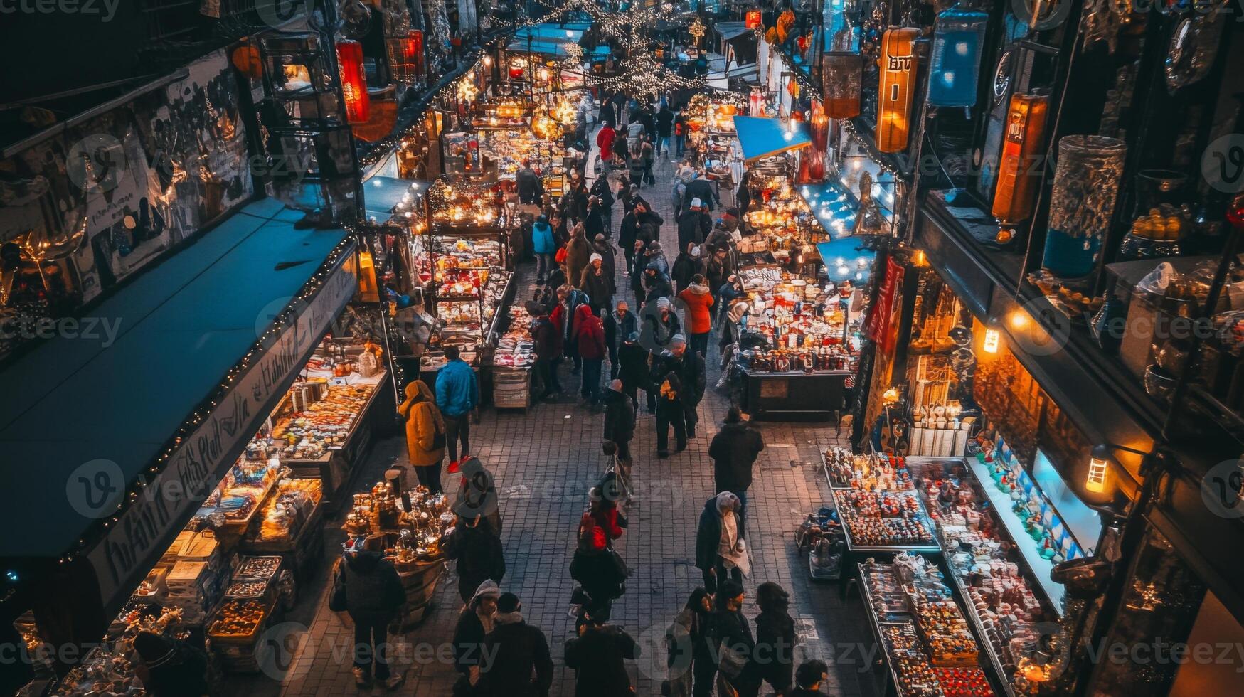 Aerial View of a Crowded Night Market with Stalls and Shoppers photo