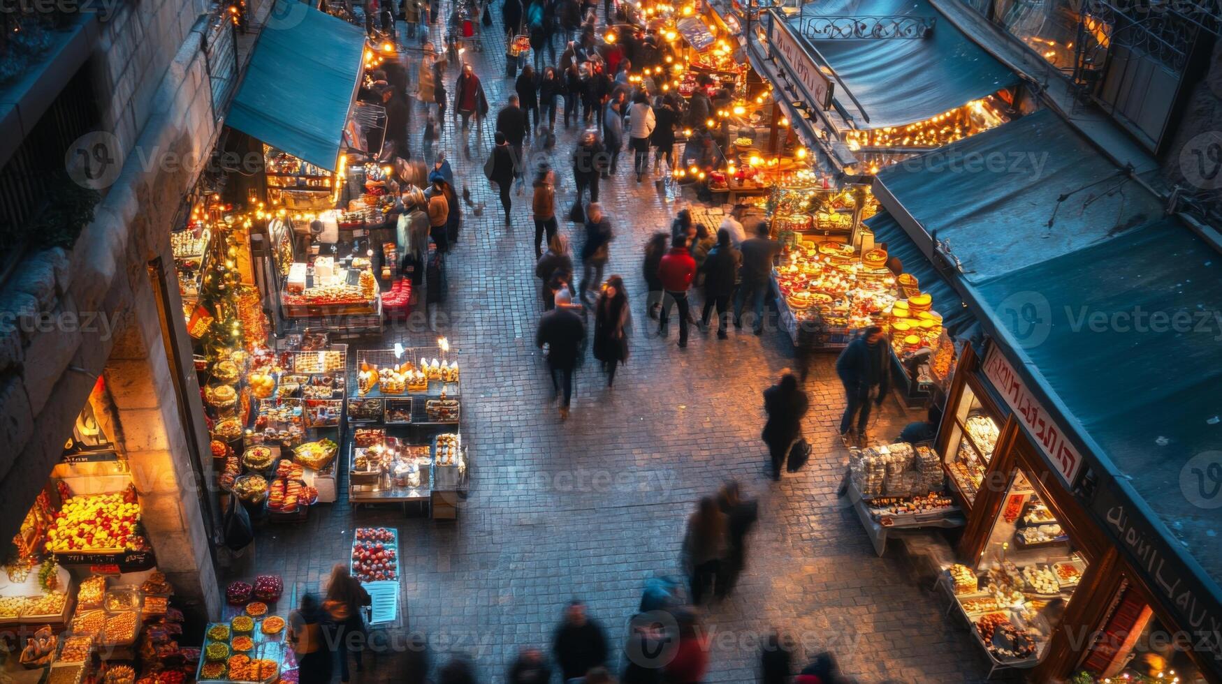 A bustling night market with vibrant food stalls and blurred figures of people walking. photo