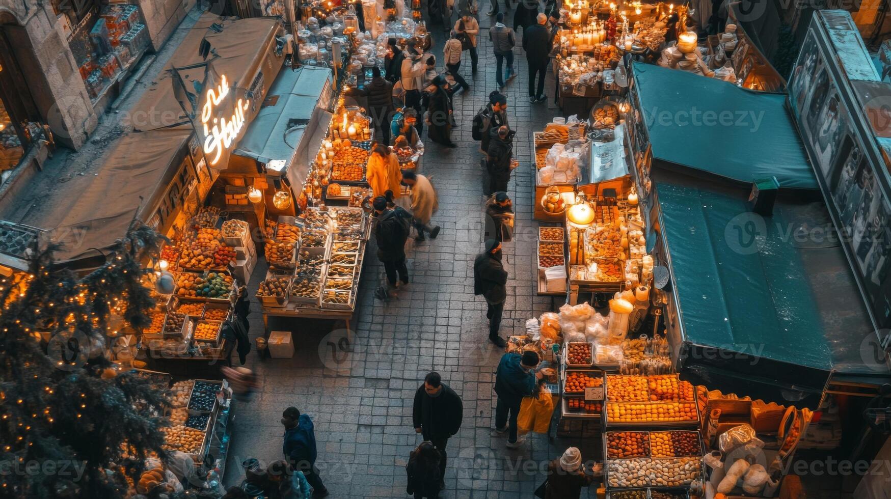 Overhead View of a Busy Market Stall with Various Goods and Shoppers photo