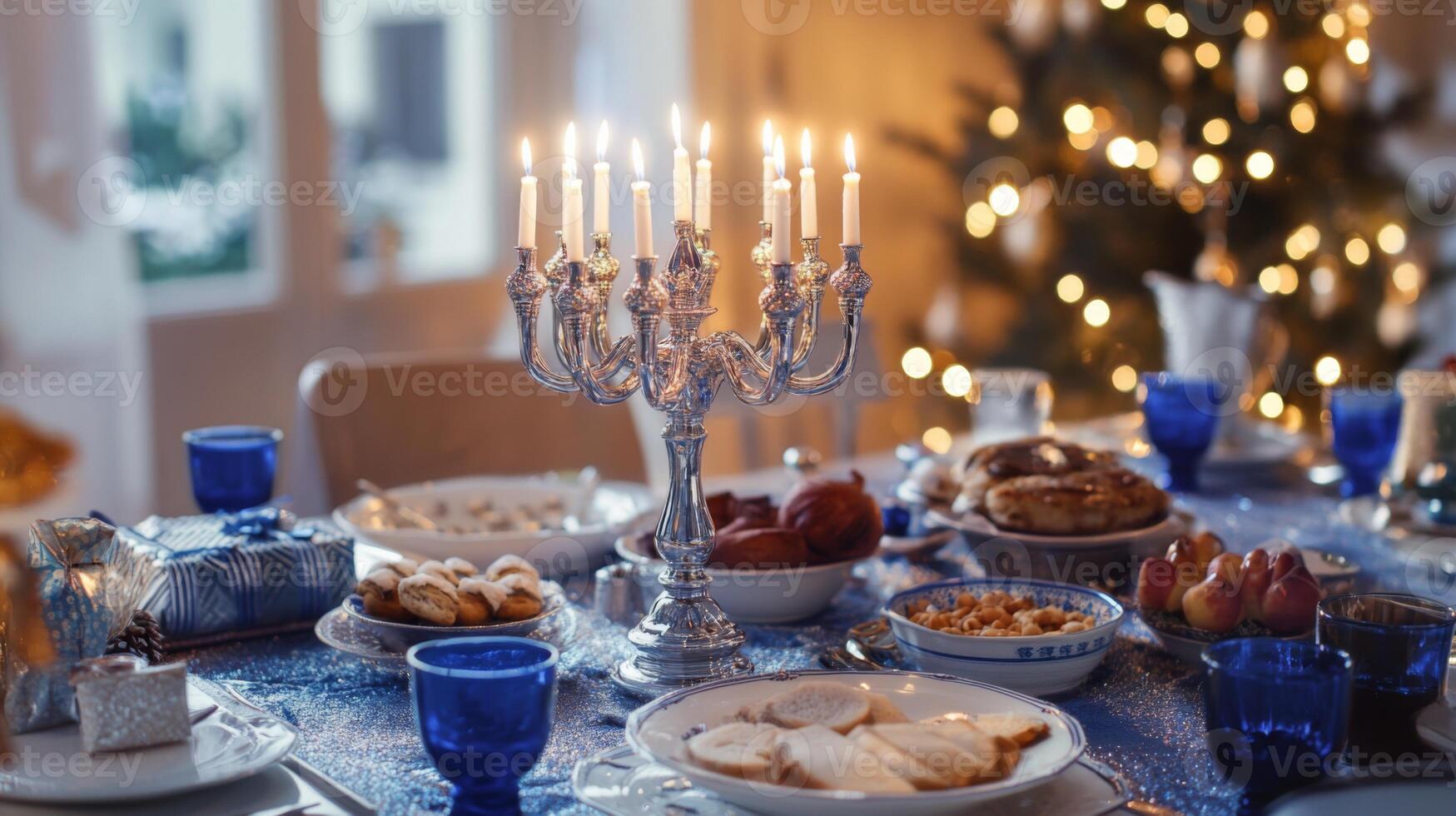 Silver Candelabra with Burning Candles on a Festive Table Setting photo