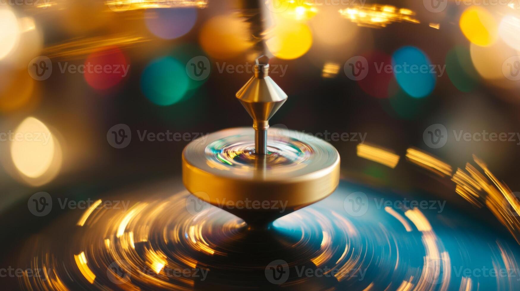 A Spinning Golden Top with Blurred Light Trails and Bokeh Background photo
