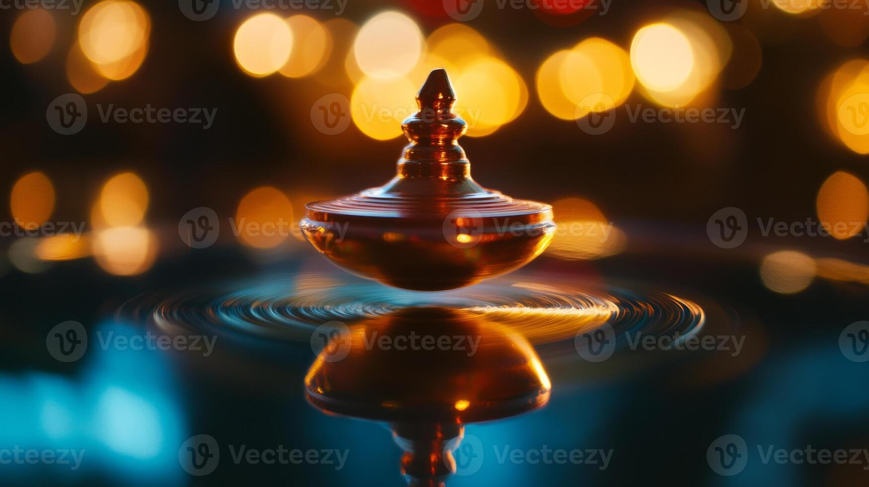 A spinning golden top with a blurred background of warm lights photo