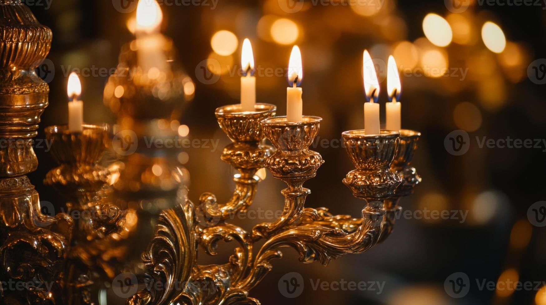 Golden Candelabra with Lit Candles in a Dark Room photo