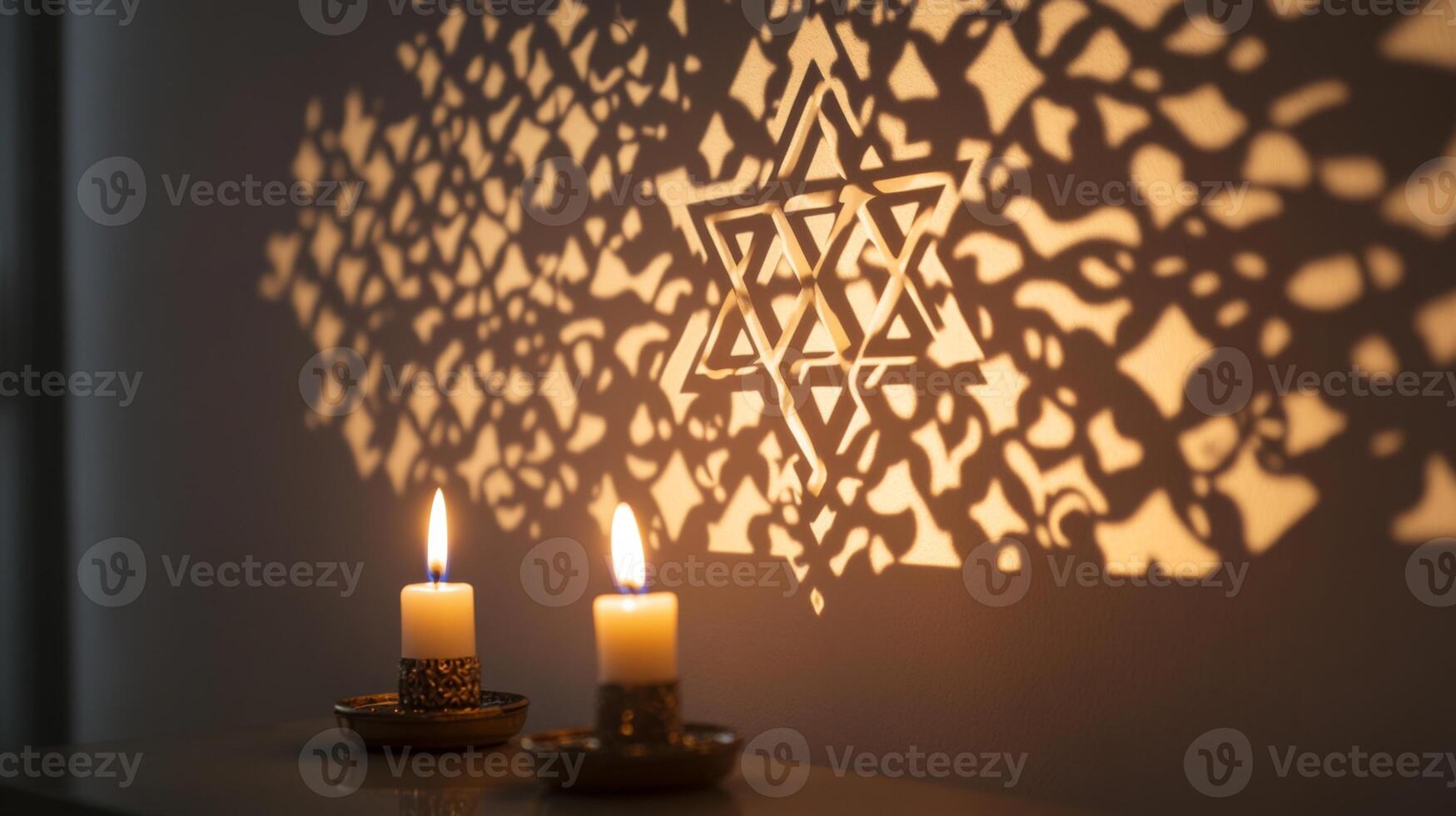 Two Lit Candles Cast Shadows of a Star of David on a Wall photo