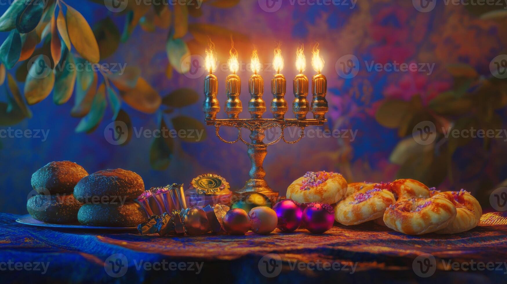 Festive Table Setting with Menorah, Sufganiyot, and Candles photo