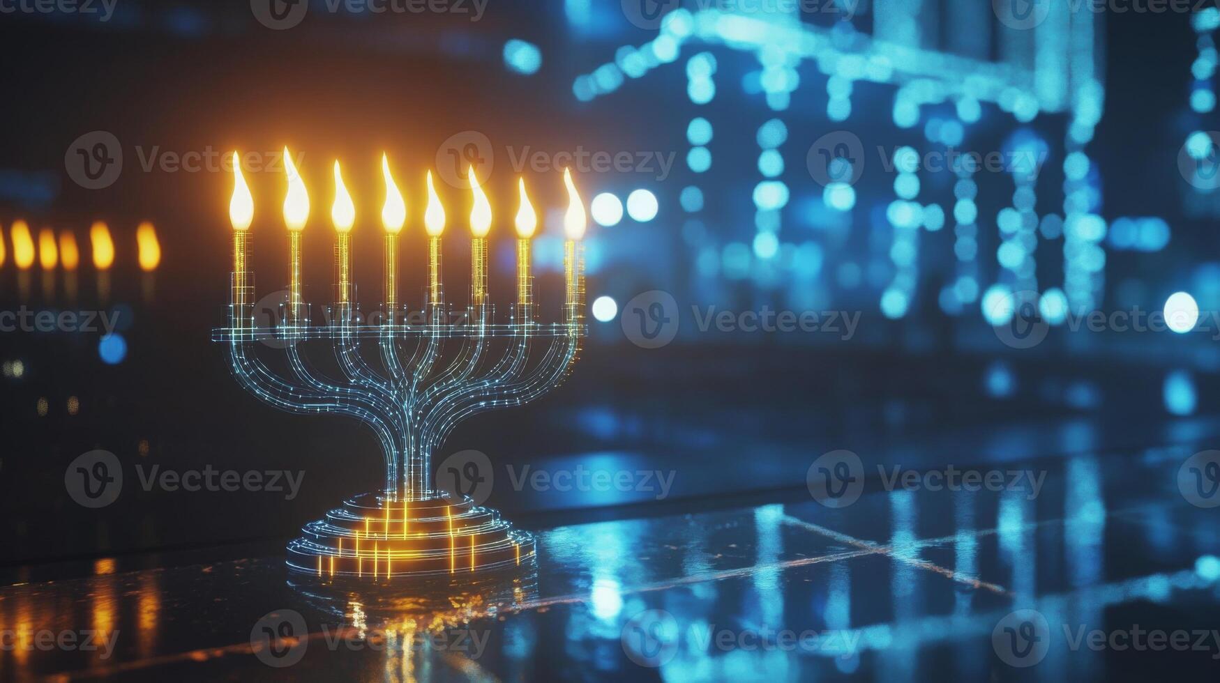 A Digital Menorah with Burning Flames Against a Blurred Blue Bokeh Background photo
