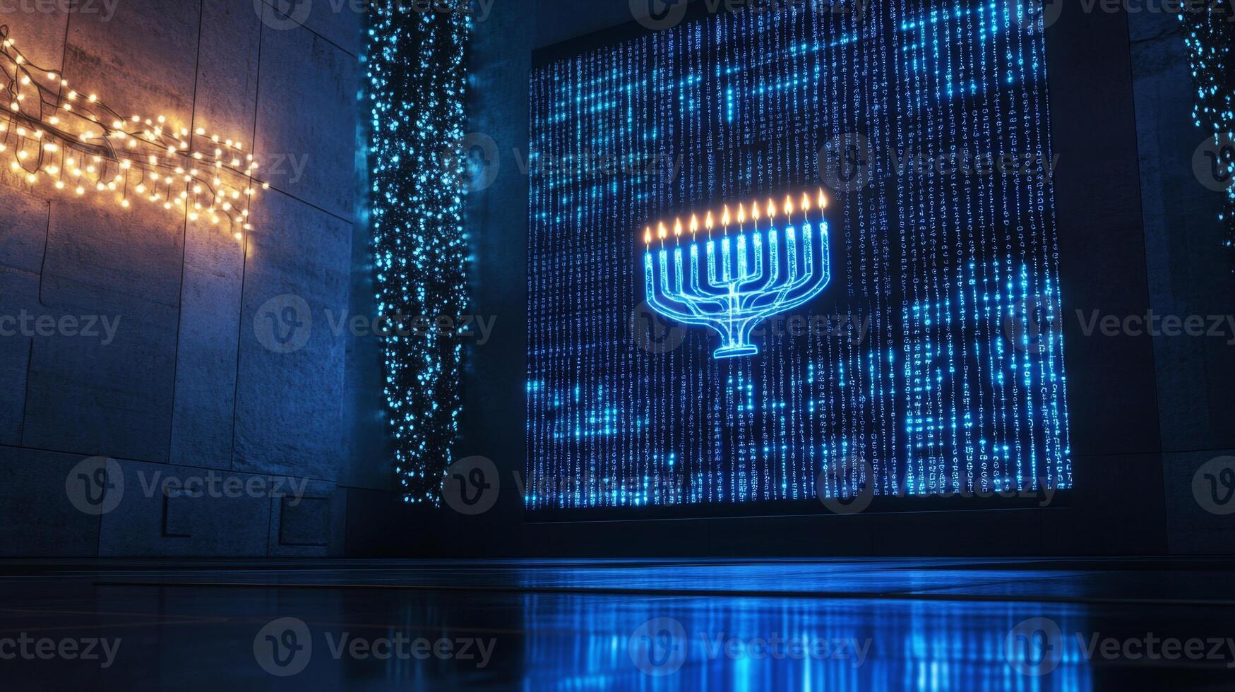 A Digital Menorah Displayed on a Blue Screen with Symbolic Lights photo