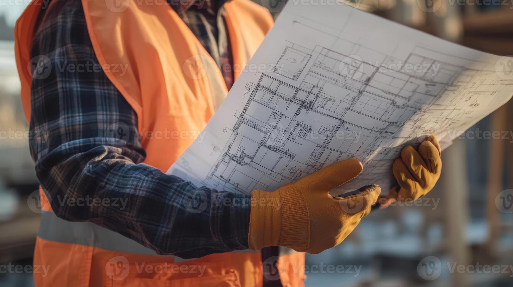 Construction Worker Examining Architectural Blueprint photo