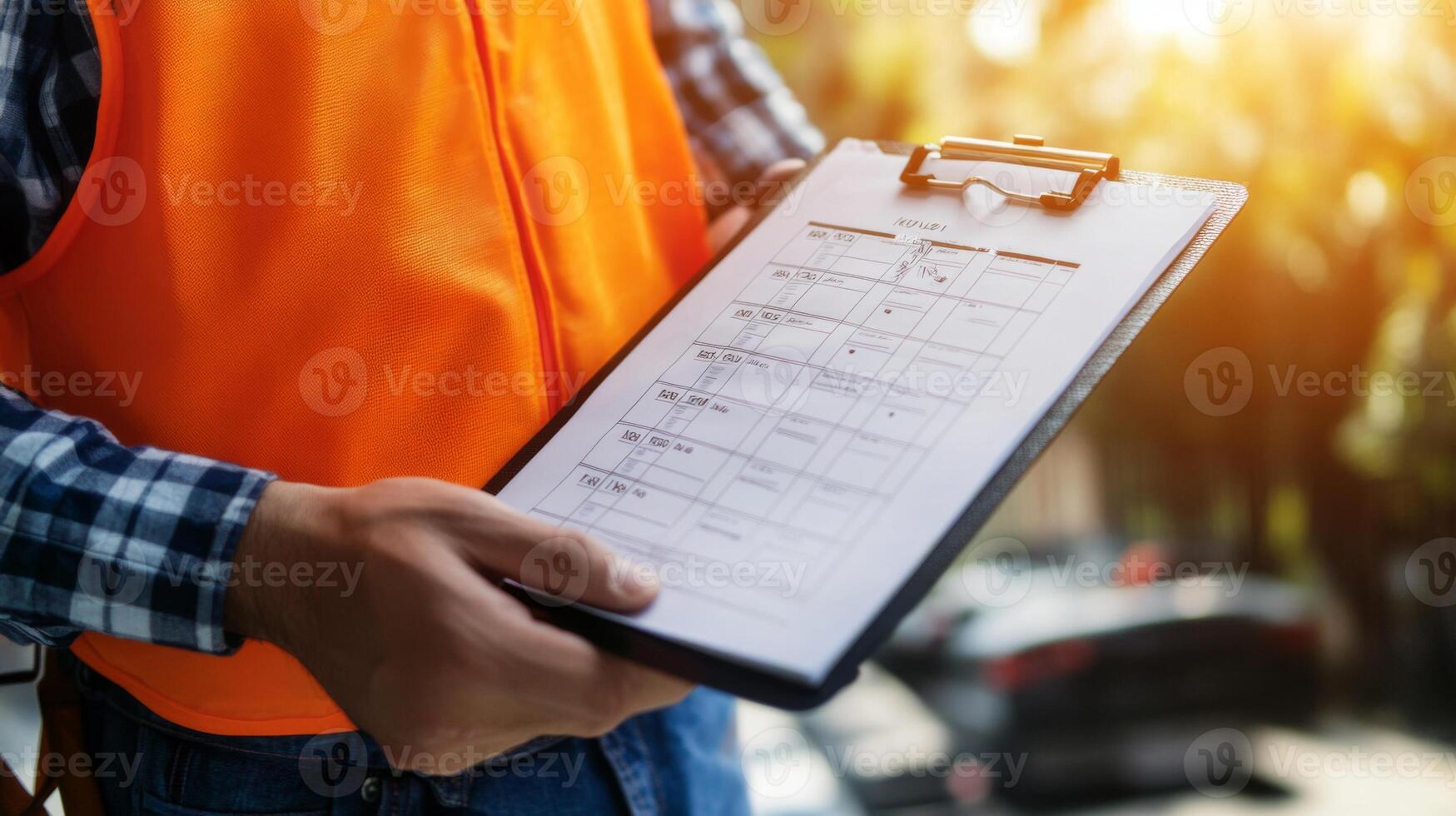 construcción trabajador participación un portapapeles con un Lista de Verificación foto
