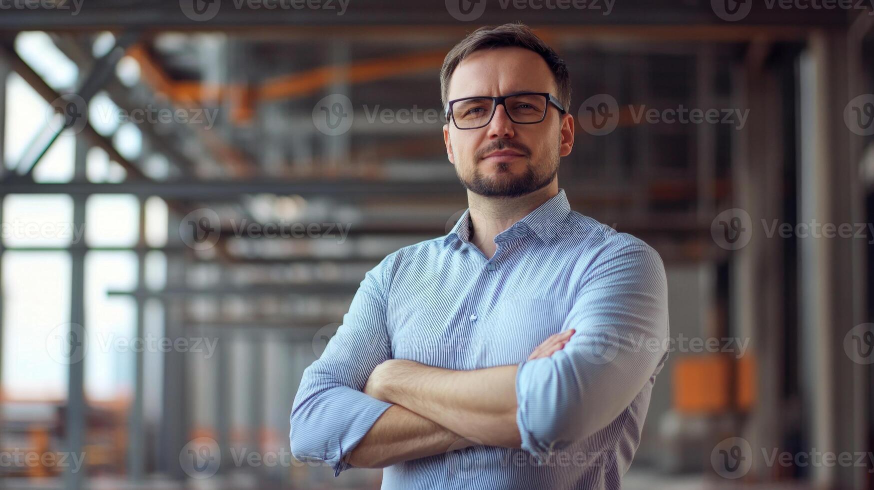 A Portrait of a Confident Man with Arms Crossed in a Modern Building photo