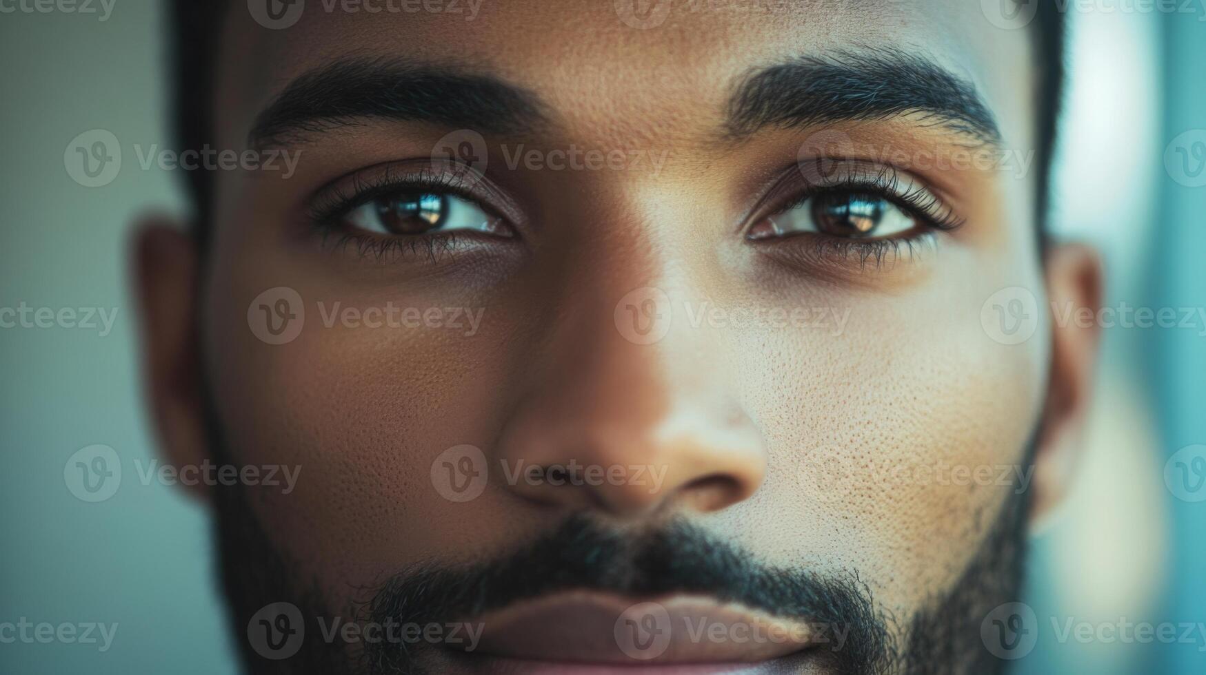 Close-up Portrait of a Man with a Stubble Beard and Deep Brown Eyes photo