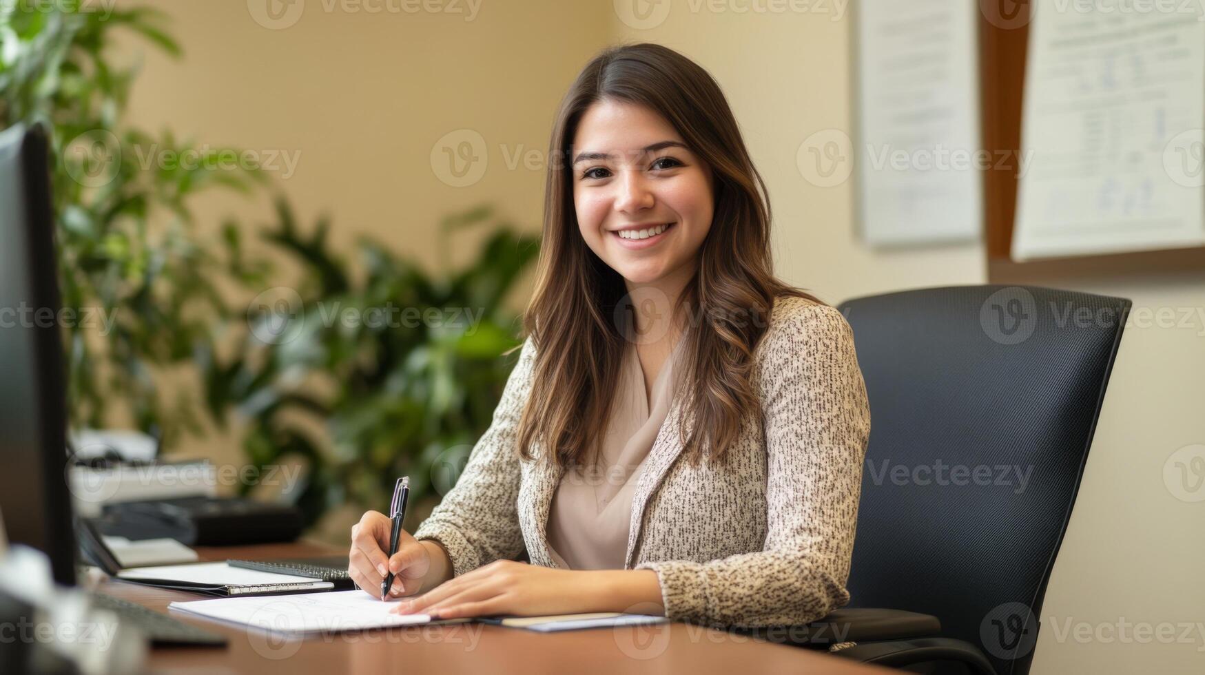 Smiling Businesswoman Writing in a Notebook at a Desk photo