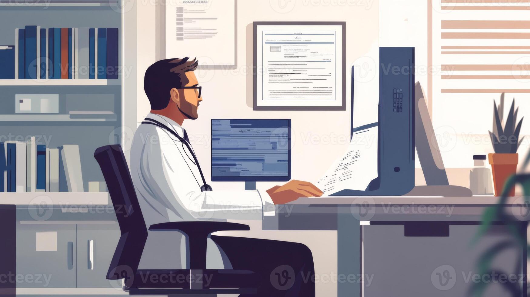 A Doctor in a White Coat Working at a Desk in a Modern Office photo