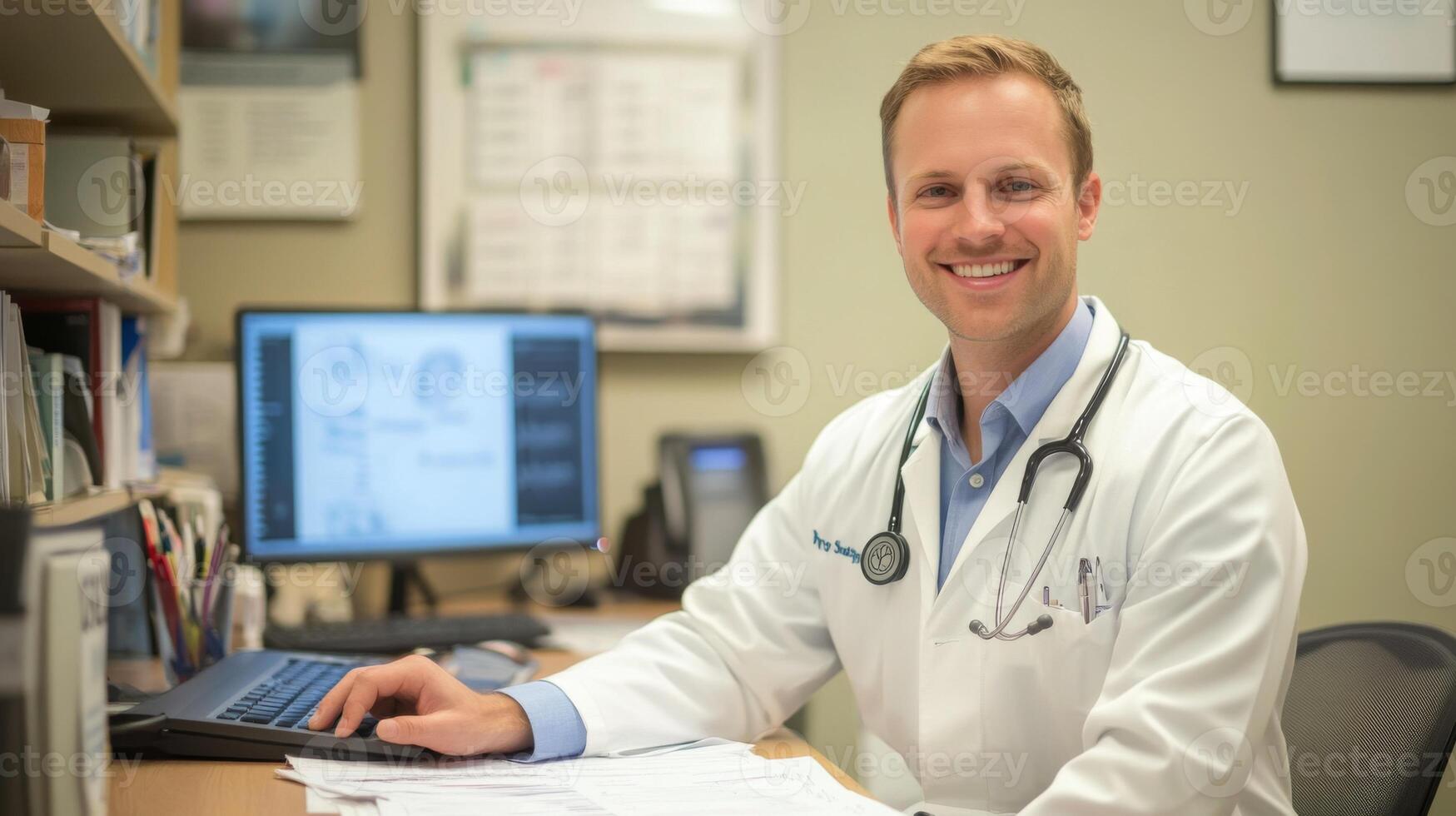 Smiling Doctor Working at a Desk with a Computer photo