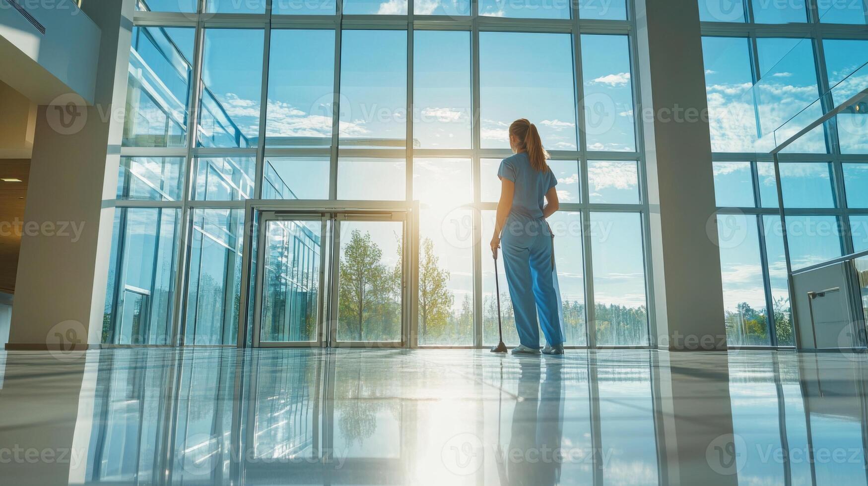 A Woman in Scrubs Standing by a Window in a Modern Building photo