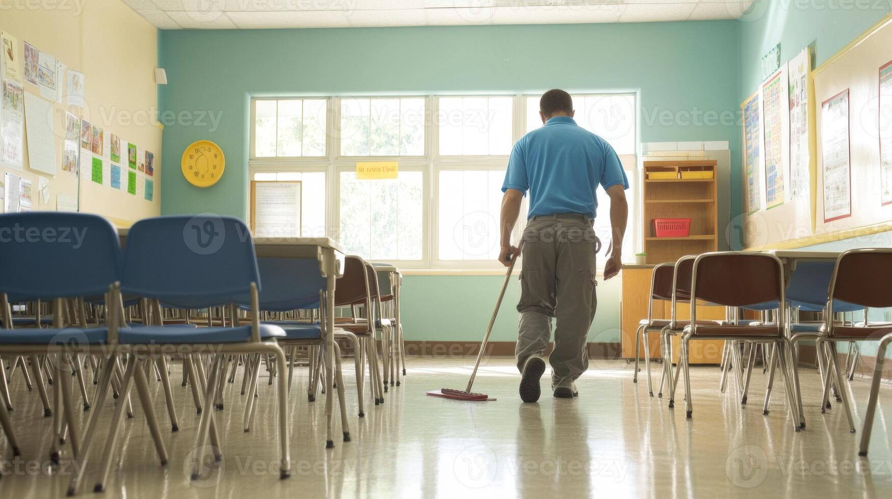 A Janitor Mopping the Floor of an Empty Classroom photo