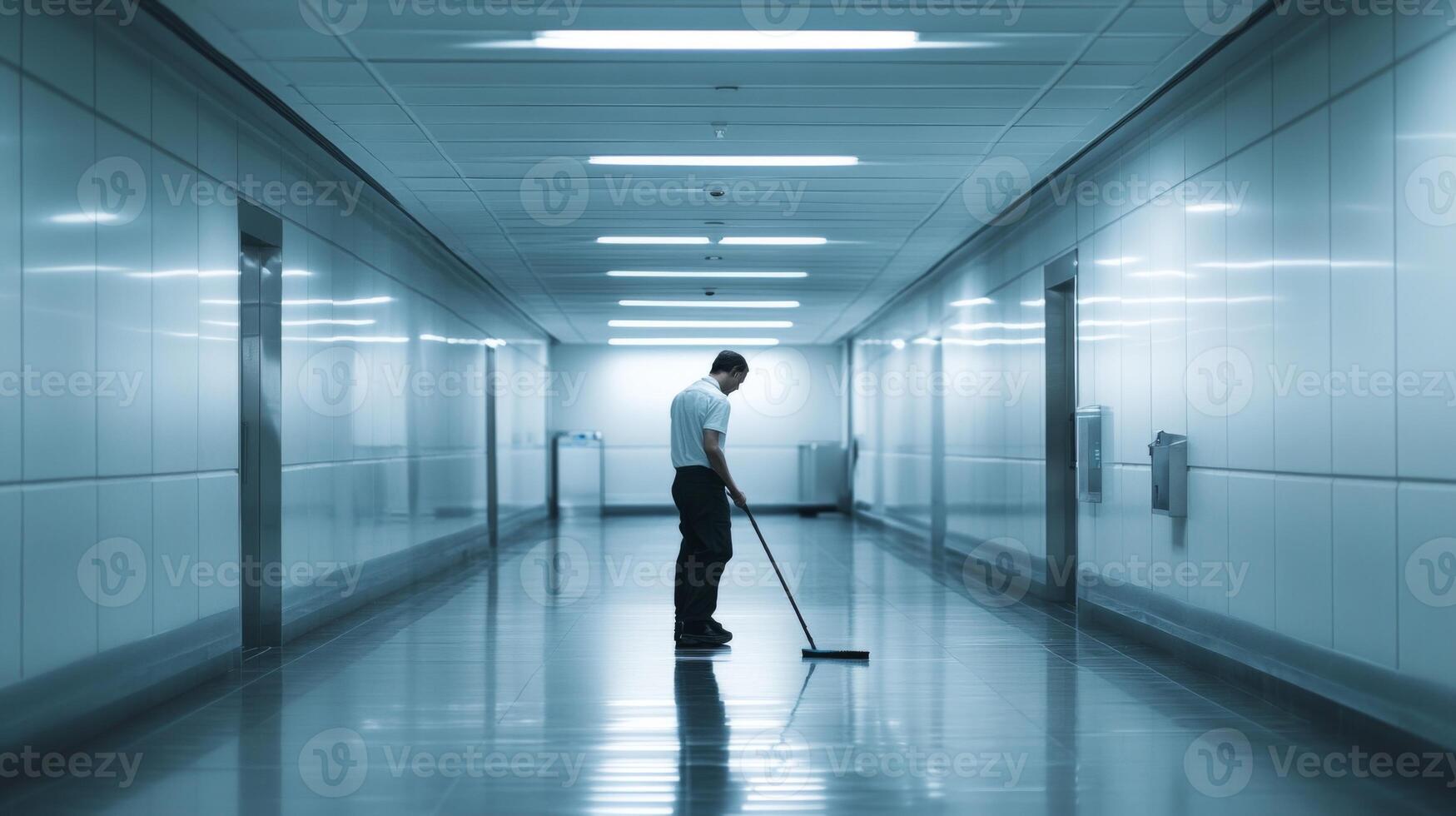 A lone janitor mops the floor of a clean, brightly lit hallway. photo
