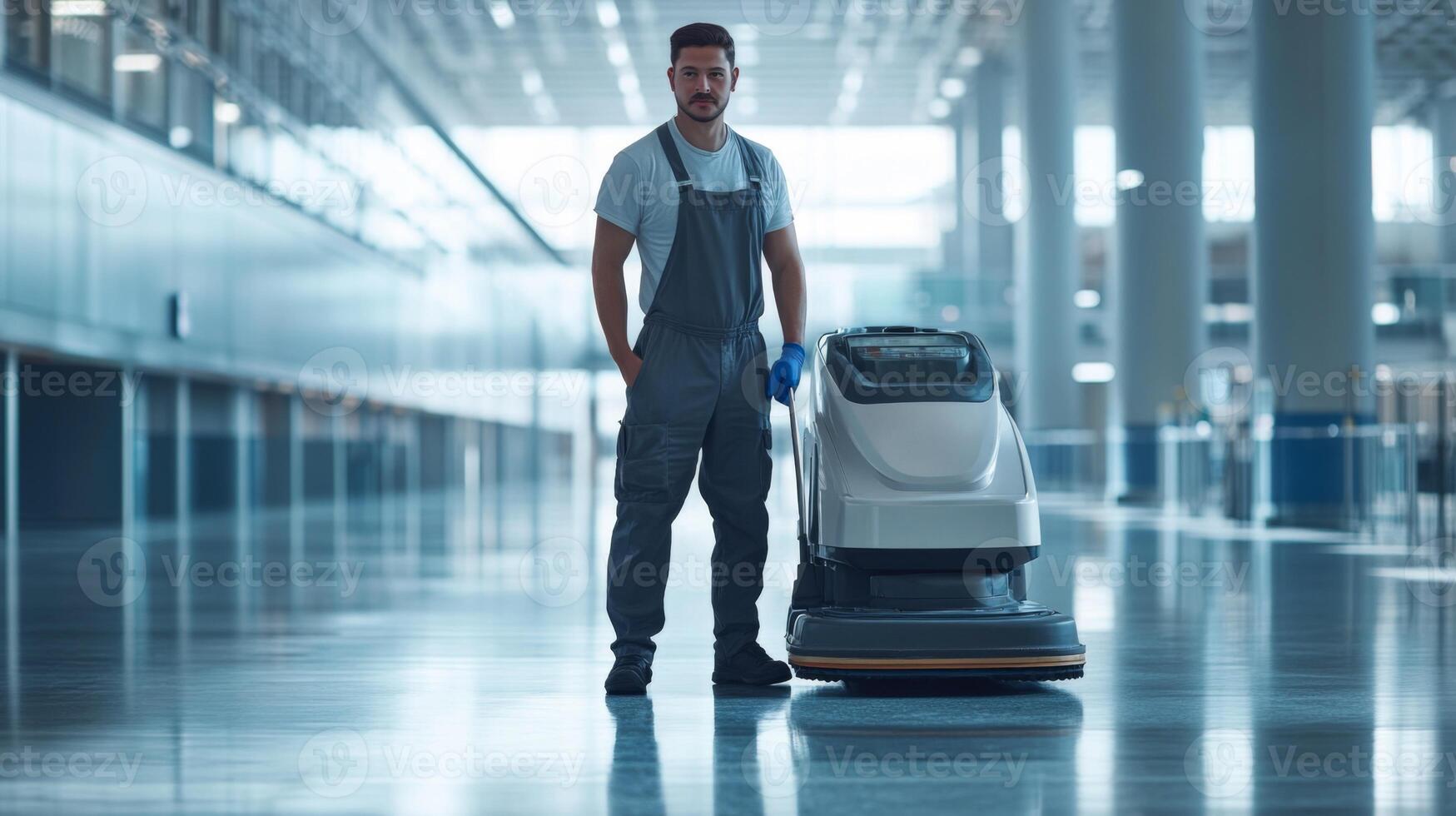 Janitor with Floor Cleaning Machine in Modern Building photo