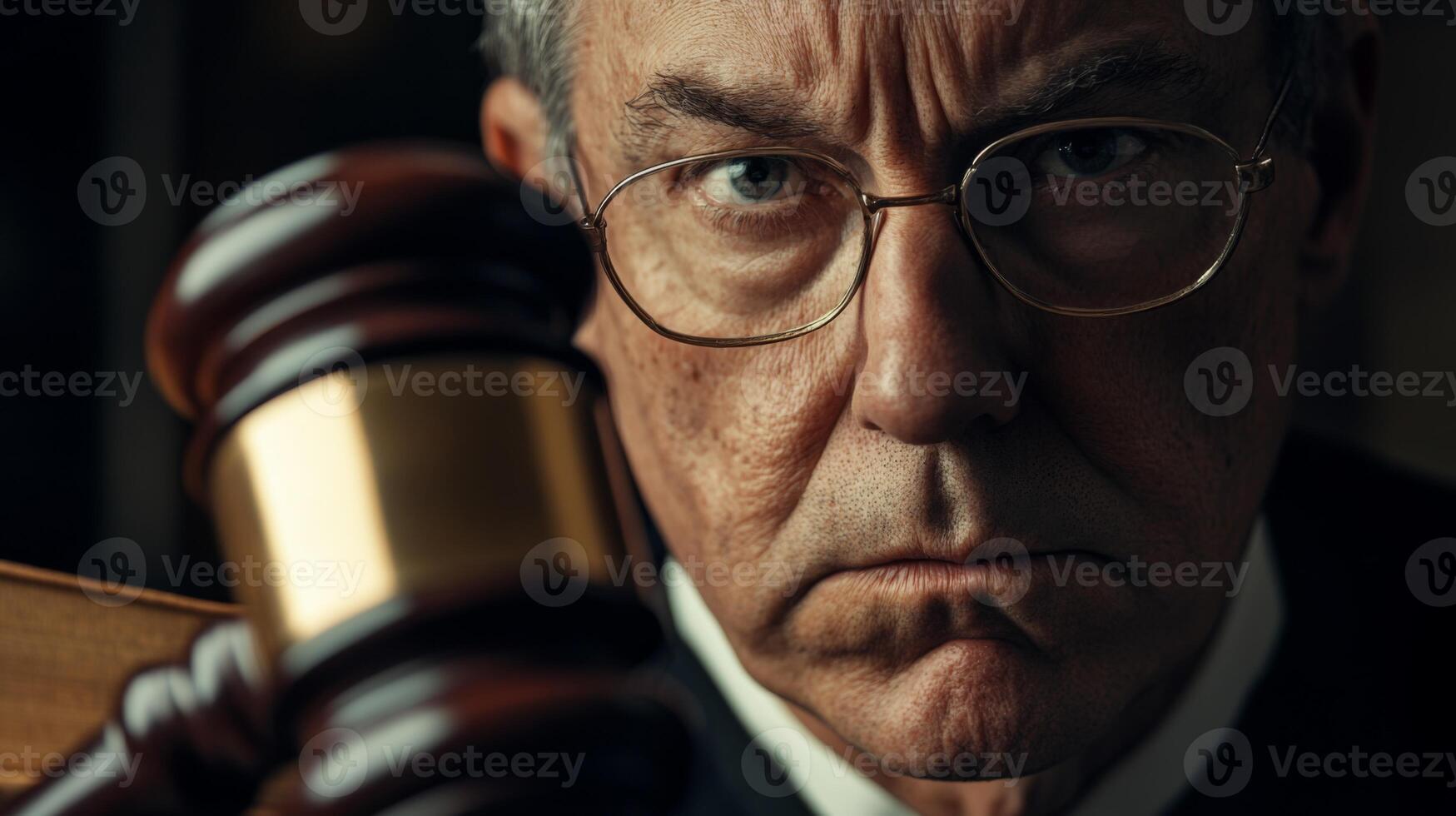Close-up of a Serious-Looking Judge with a Gavel photo