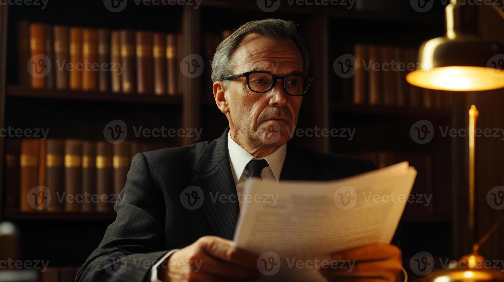 A Man in a Suit Reads a Document in a Library Setting photo
