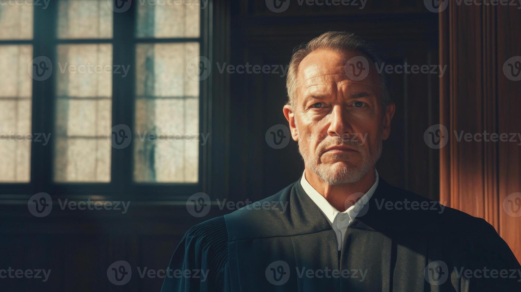A Serious Judge Standing In Front of a Window photo