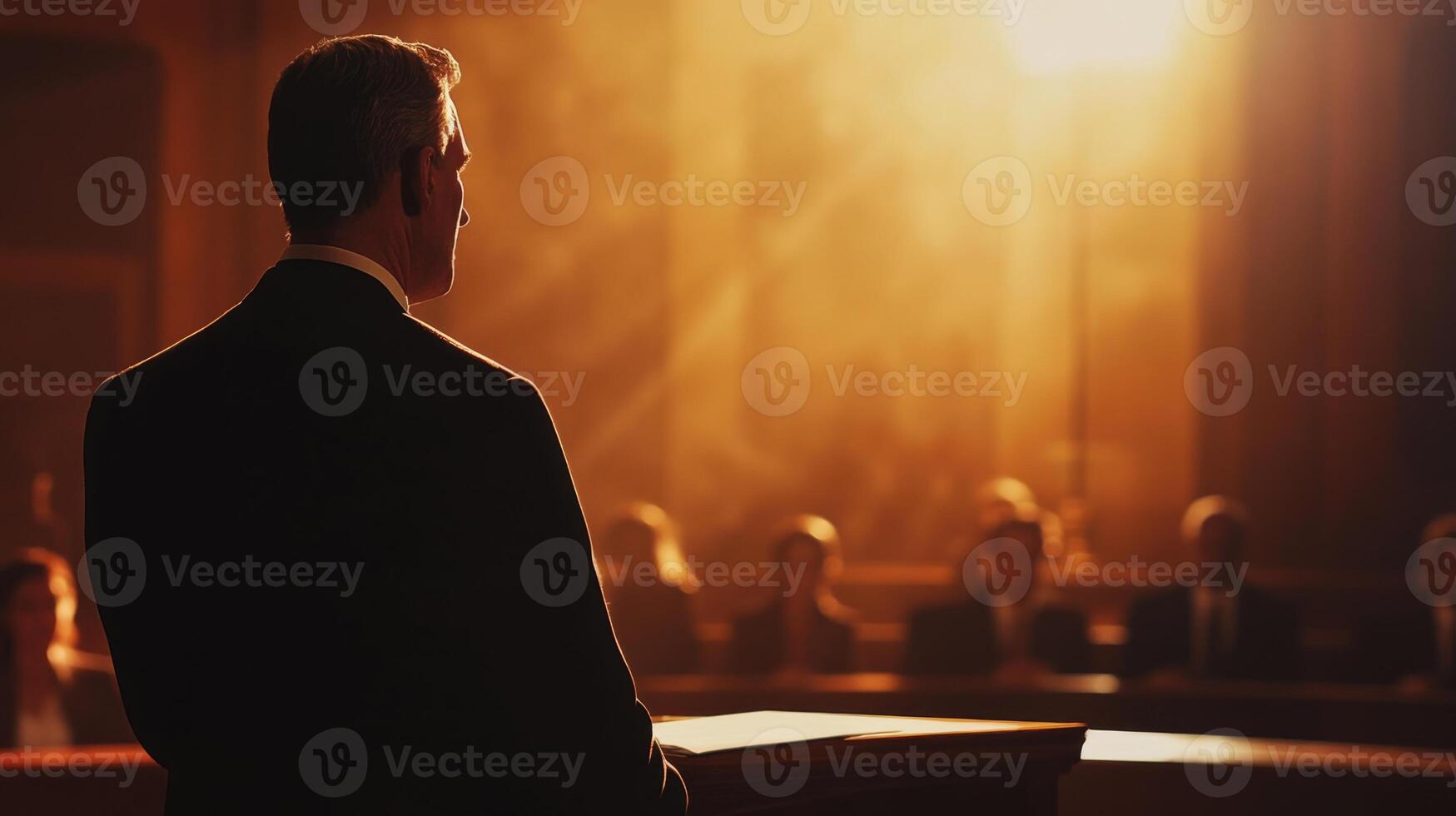 A Man in a Suit Standing at a Podium Facing an Audience in a Warmly Lit Hall photo