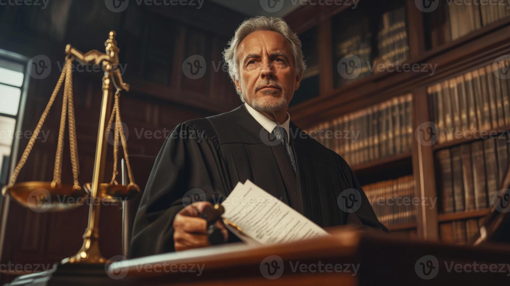 Judge reviewing documents in a courtroom with a scale of justice photo