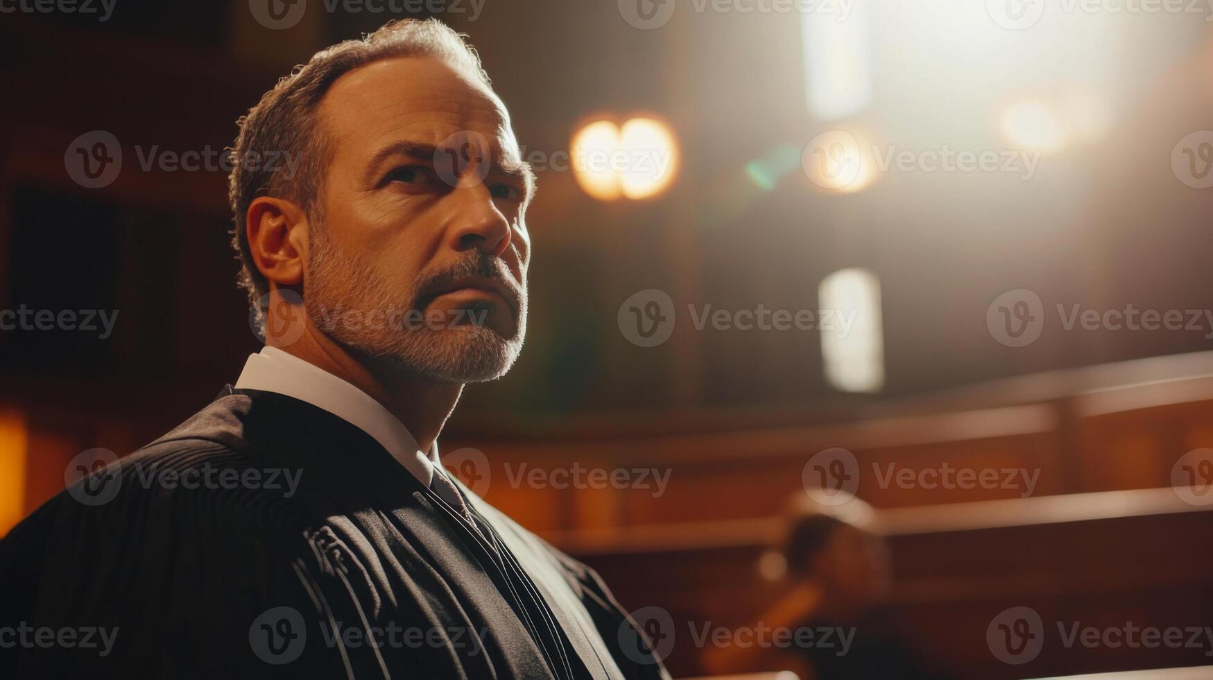 A man in a black robe with a white collar, looking towards the right, in a dimly lit room. photo